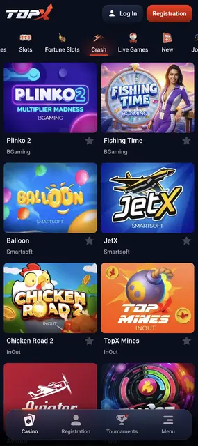 TopX — sección de juegos crash con JetX, Plinko 2 y Aviator